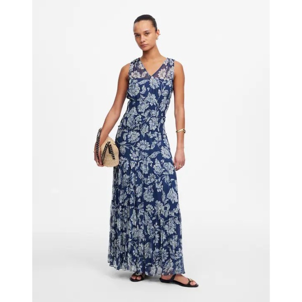 Madewell Floral Maxi Dress Size 4 Blue White Sheer V-Neck Smocked Waist NWT